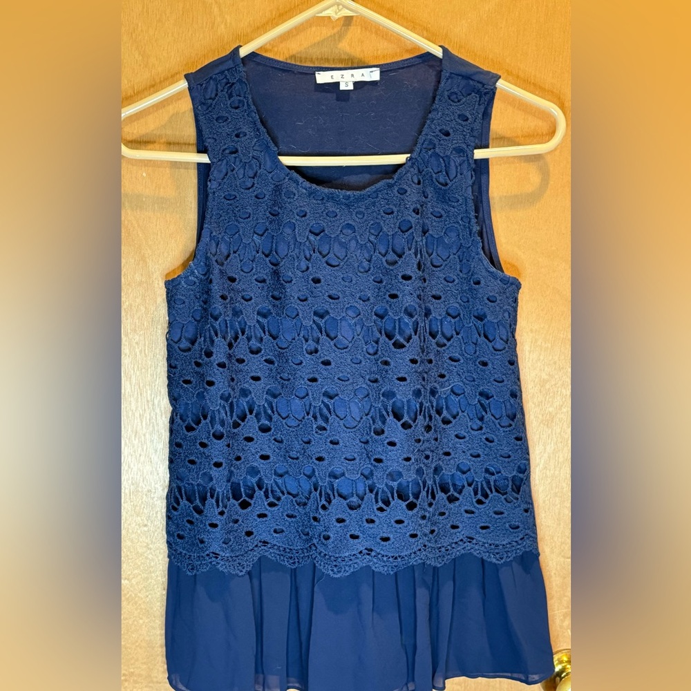 Ezra Navy crochet sleeveless peplum top Small